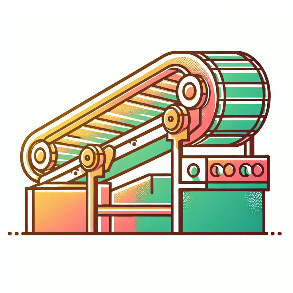 Conveyor belt in illustration style with gradients and white background, f47574, 88c7a8, fcc44b, and 645bc8 colors.