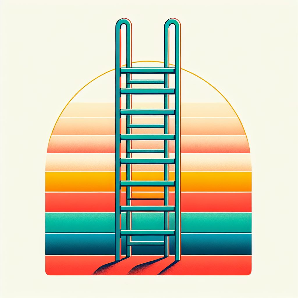 Ladder in illustration style with gradients and white background, f47574, 88c7a8, fcc44b, and 645bc8 colors.