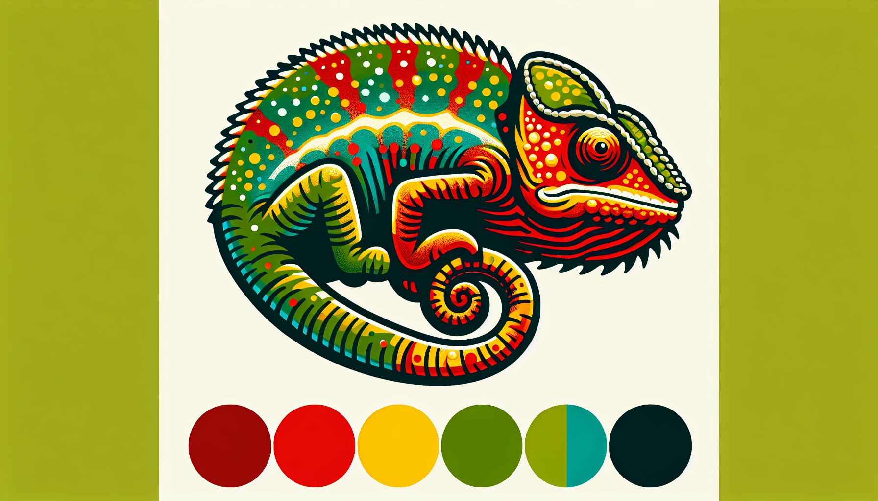 Chameleon in flat illustration style and white background, red #f47574, green #88c7a8, yellow #fcc44b, and blue #645bc8 colors.