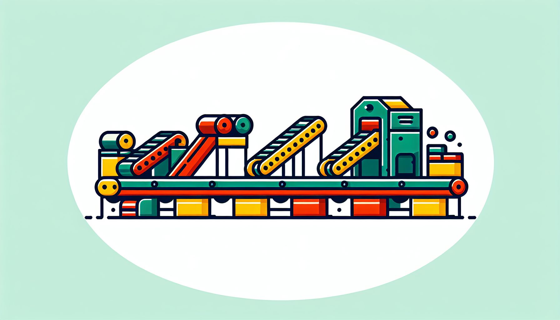 Conveyor in flat illustration style and white background, red #f47574, green #88c7a8, yellow #fcc44b, and blue #645bc8 colors.