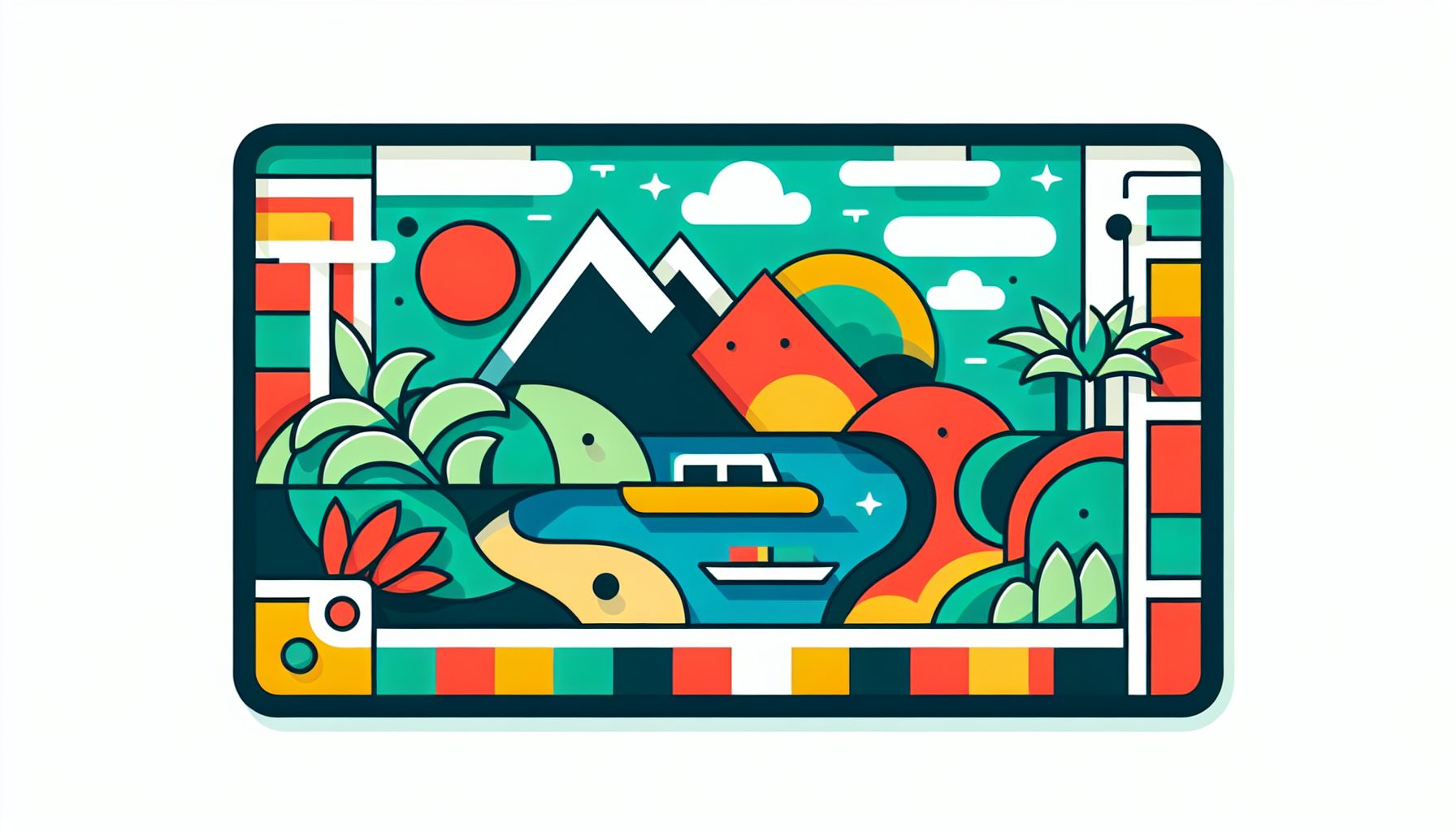 Map in flat illustration style and white background, red #f47574, green #88c7a8, yellow #fcc44b, and blue #645bc8 colors.