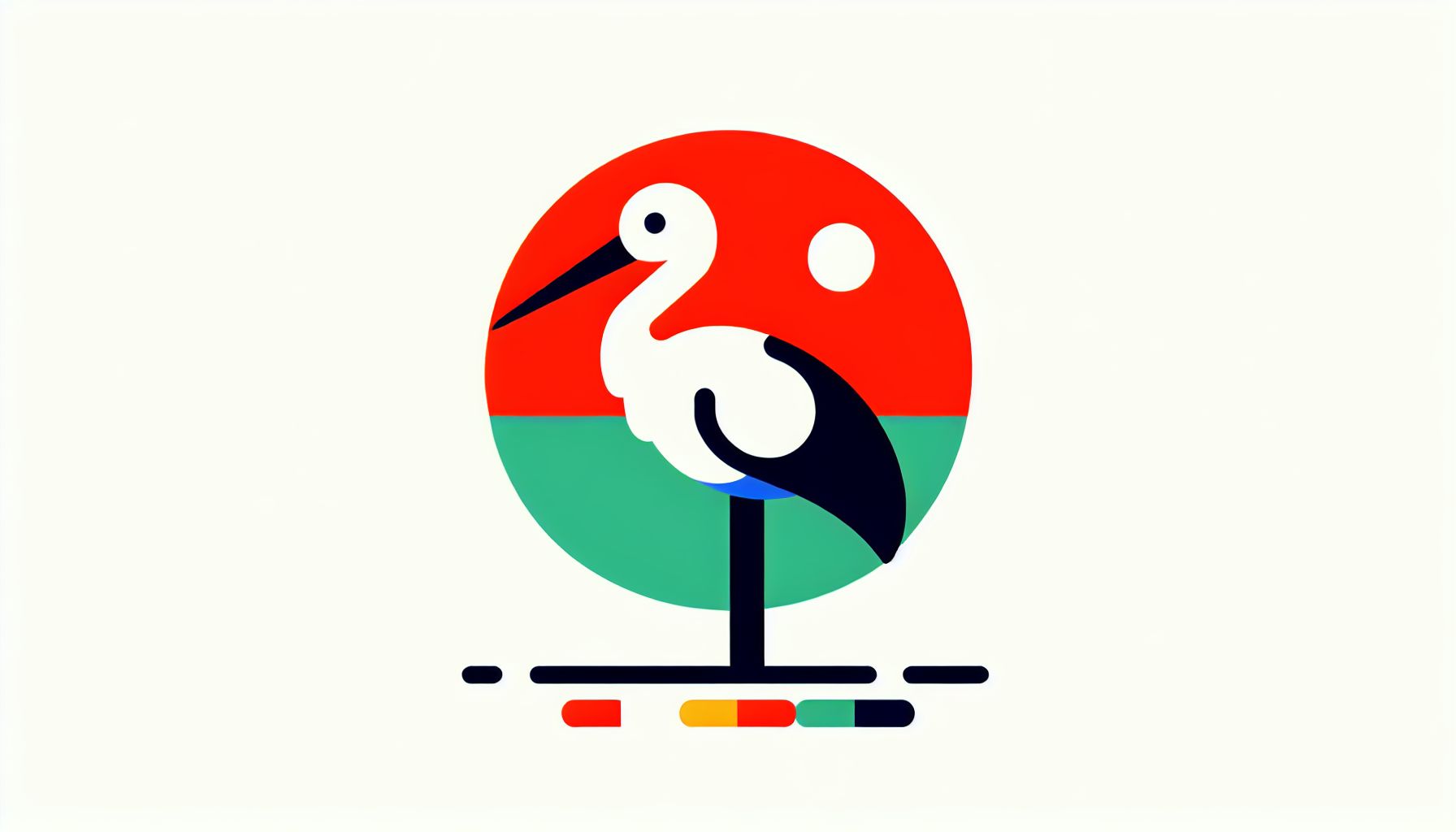 Stork in flat illustration style and white background, red #f47574, green #88c7a8, yellow #fcc44b, and blue #645bc8 colors.