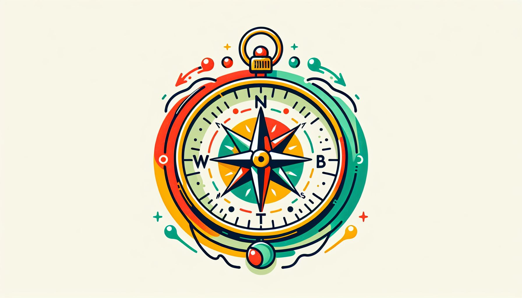 Compass in flat illustration style and white background, red #f47574, green #88c7a8, yellow #fcc44b, and blue #645bc8 colors.