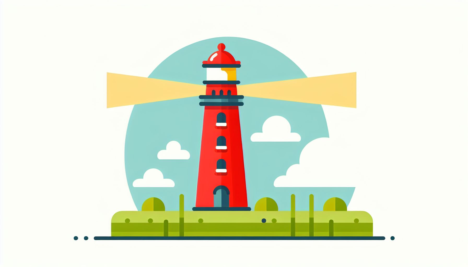 Lighthouse in flat illustration style and white background, red #f47574, green #88c7a8, yellow #fcc44b, and blue #645bc8 colors.