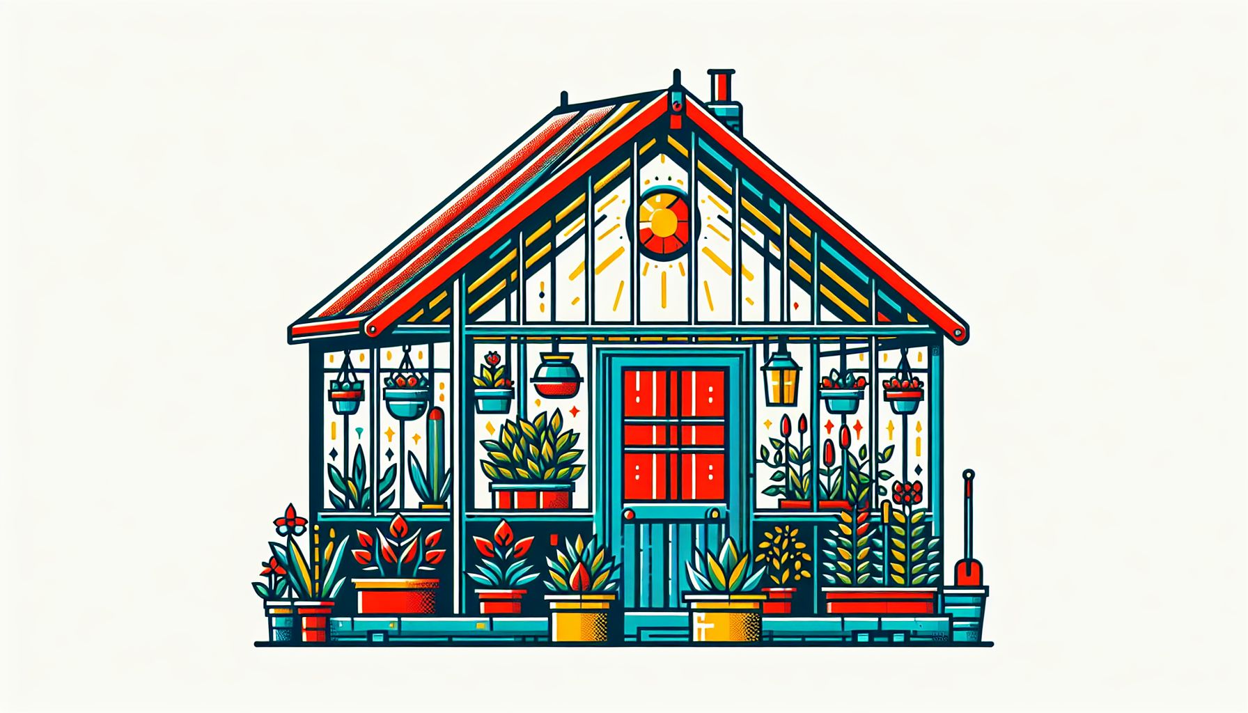 Greenhouse in flat illustration style and white background, red #f47574, green #88c7a8, yellow #fcc44b, and blue #645bc8 colors.