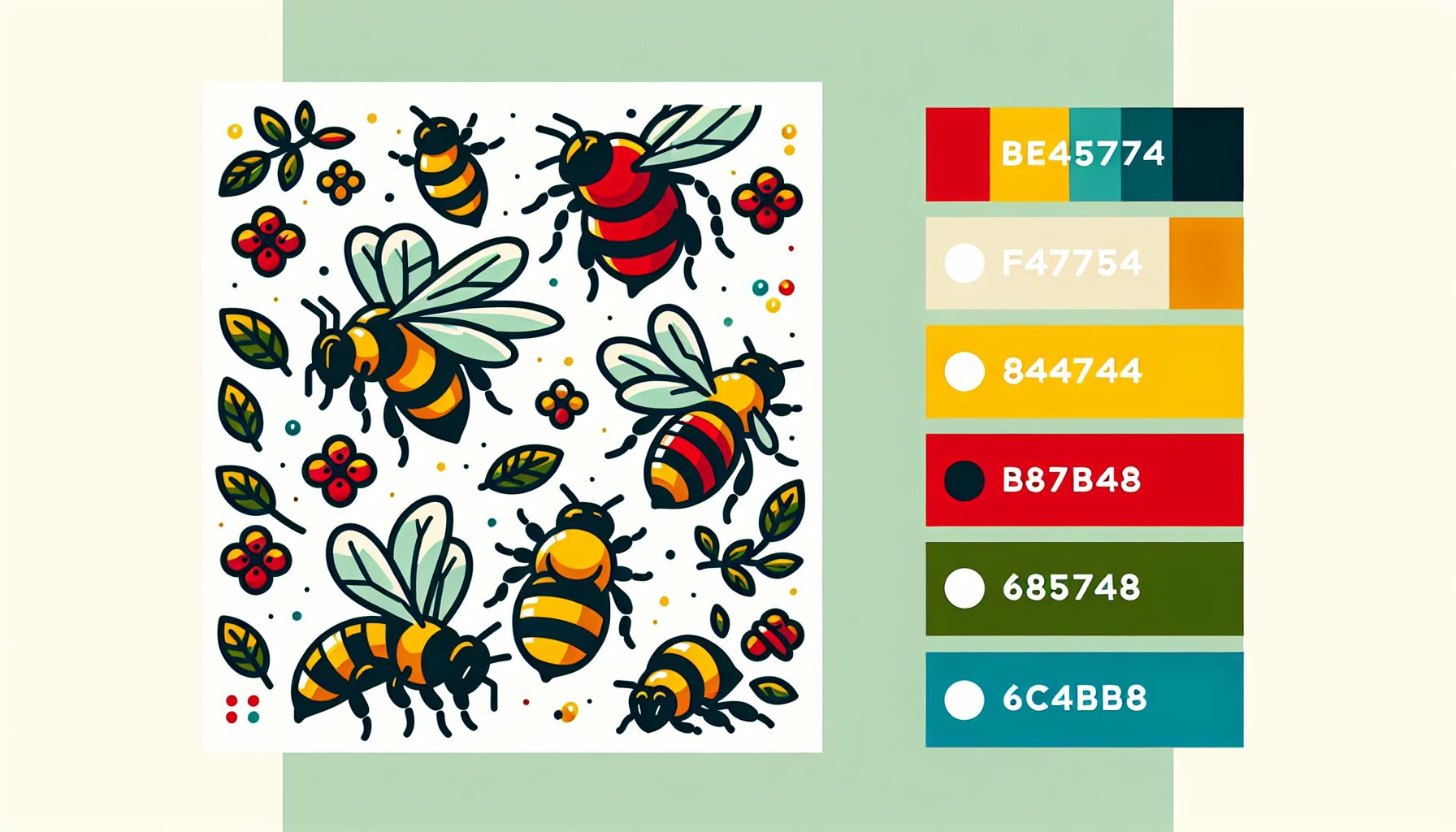 Bees in flat illustration style and white background, red #f47574, green #88c7a8, yellow #fcc44b, and blue #645bc8 colors.