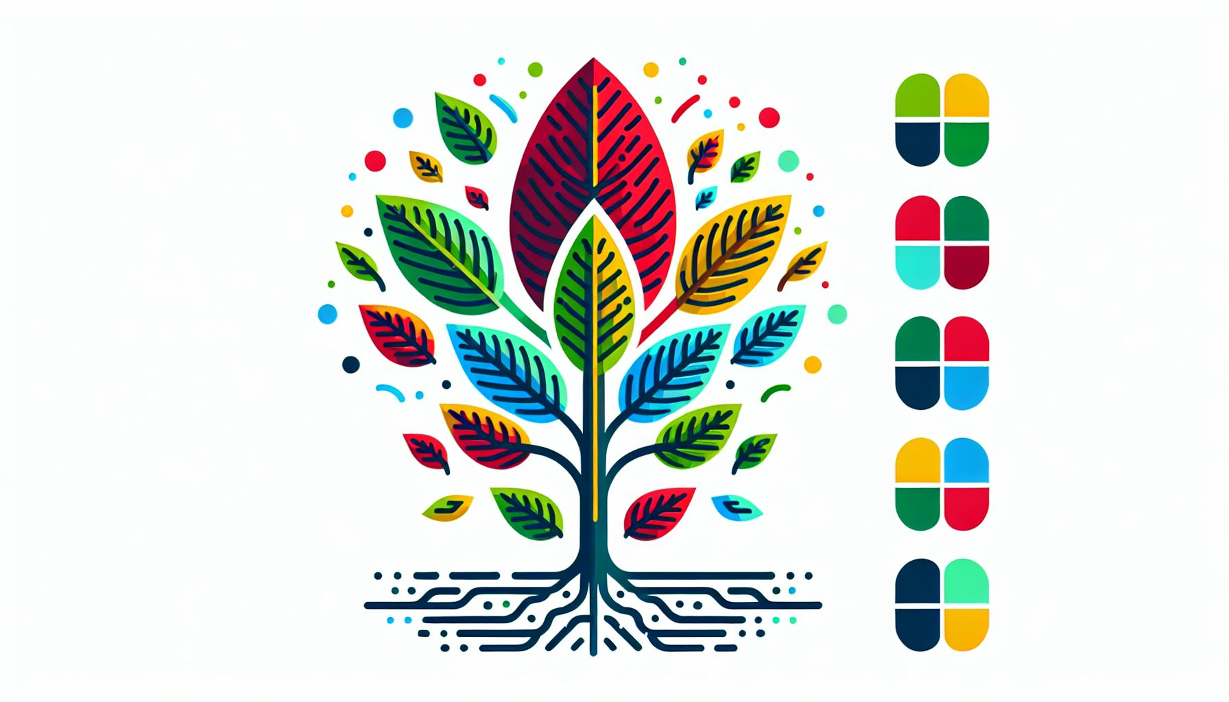 Sapling in flat illustration style and white background, red #f47574, green #88c7a8, yellow #fcc44b, and blue #645bc8 colors.