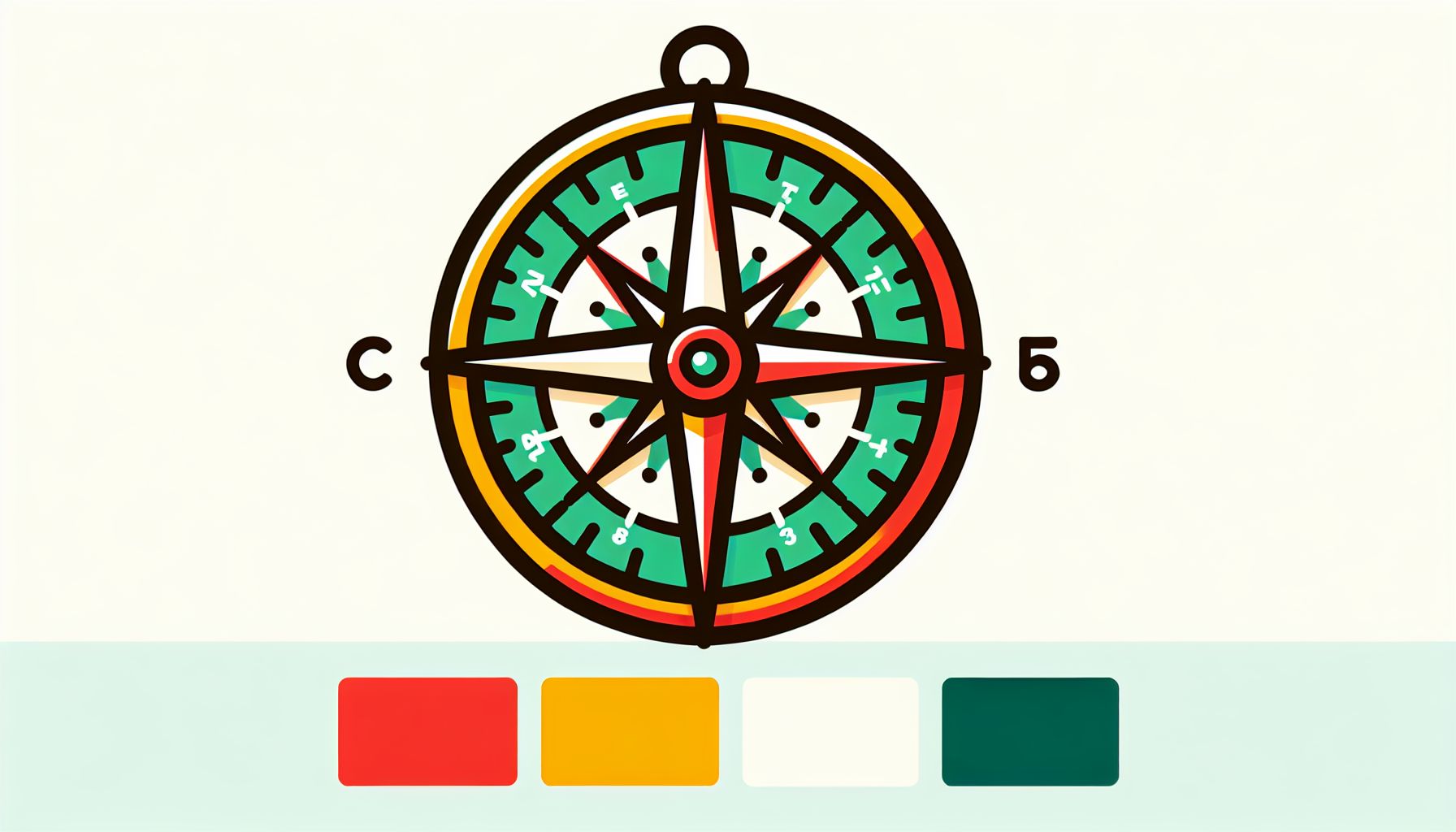 Compass in flat illustration style and white background, red #f47574, green #88c7a8, yellow #fcc44b, and blue #645bc8 colors.