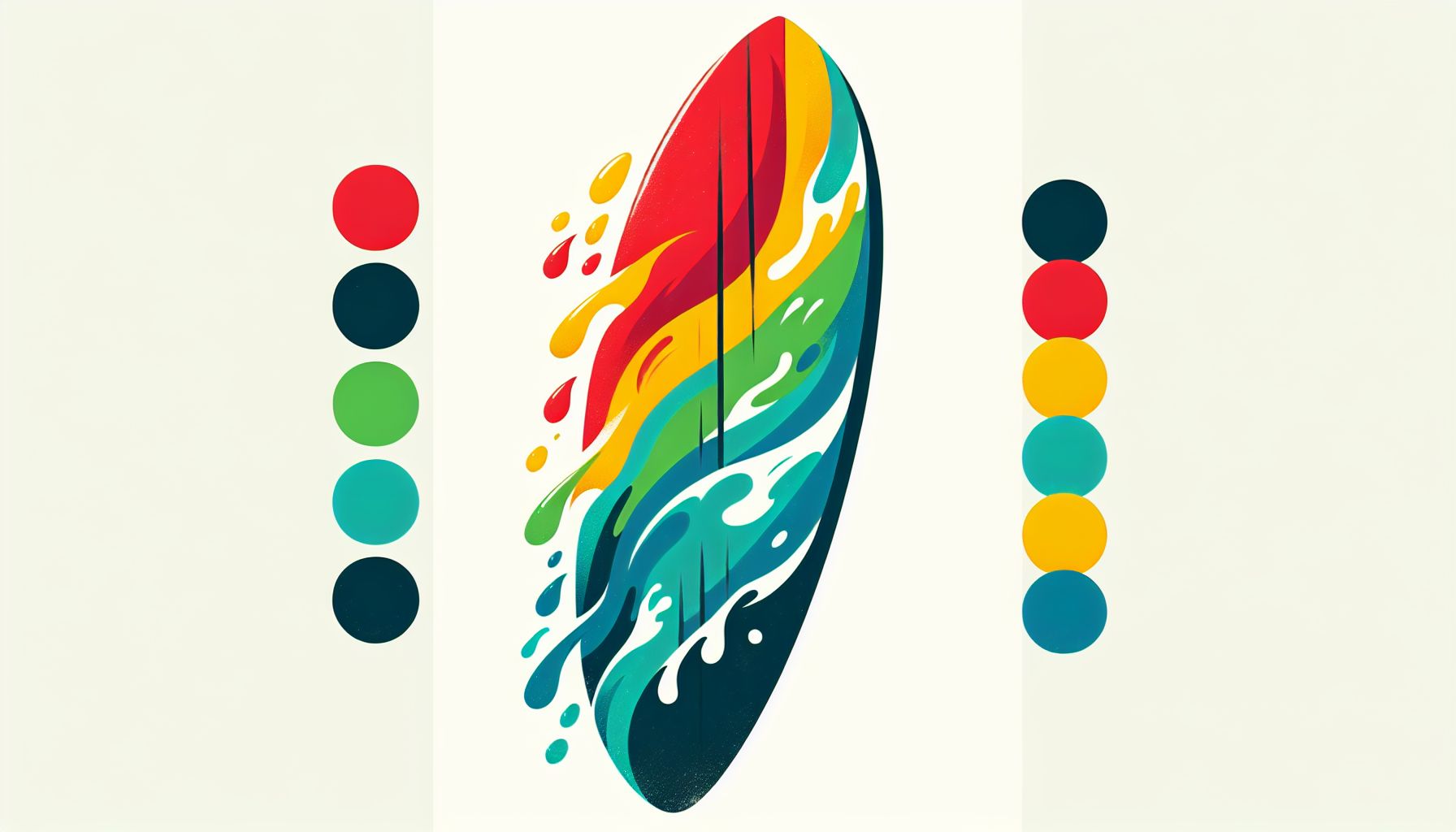 Surfboard in flat illustration style and white background, red #f47574, green #88c7a8, yellow #fcc44b, and blue #645bc8 colors.