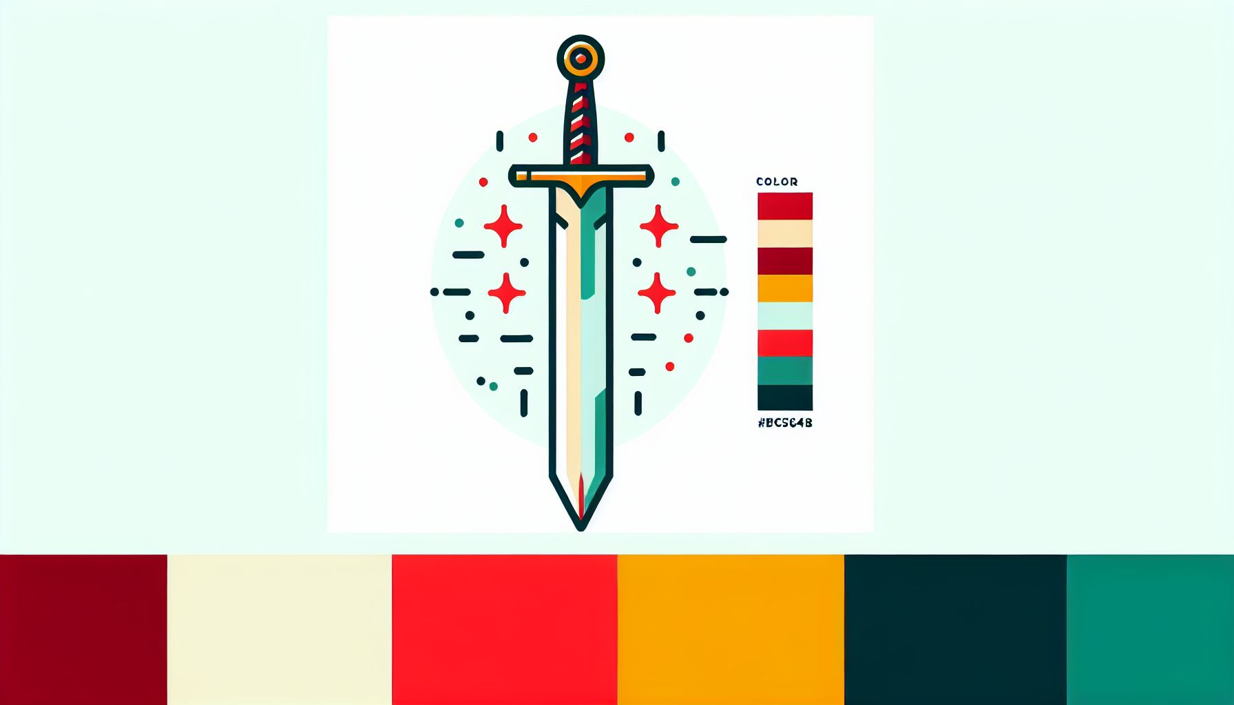 Sword in flat illustration style and white background, red #f47574, green #88c7a8, yellow #fcc44b, and blue #645bc8 colors.