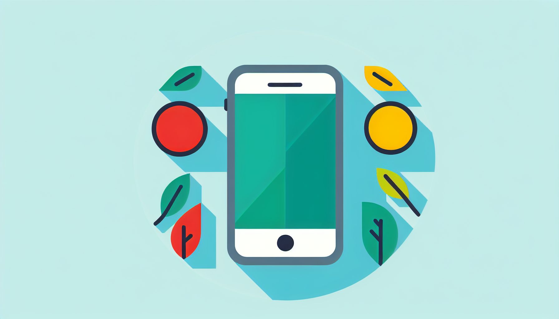 Smartphone in flat illustration style and white background, red #f47574, green #88c7a8, yellow #fcc44b, and blue #645bc8 colors.