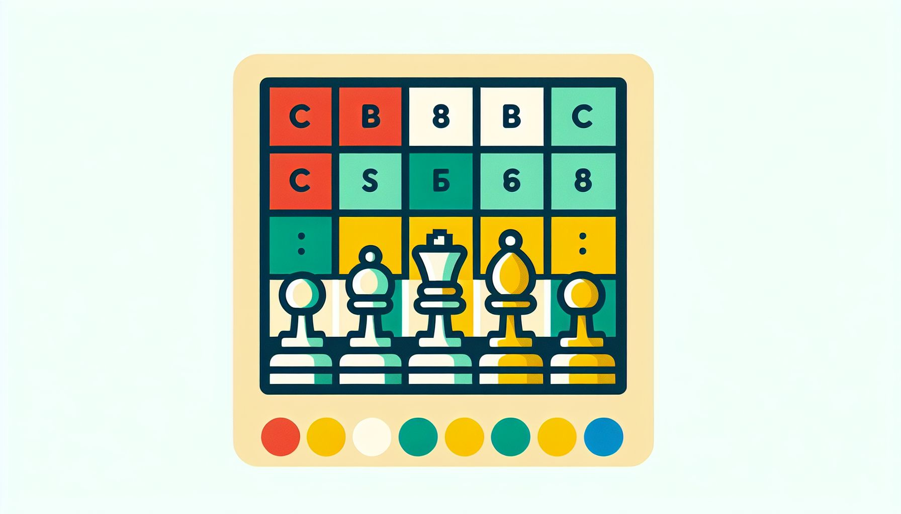 Chessboard in flat illustration style and white background, red #f47574, green #88c7a8, yellow #fcc44b, and blue #645bc8 colors.