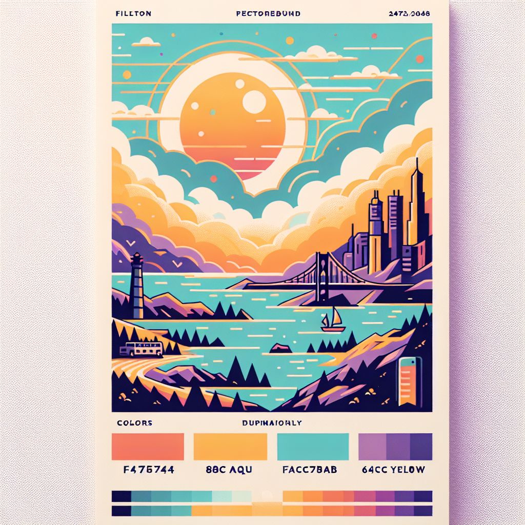 map in illustration style with gradients and white background, f47574, 88c7a8, fcc44b, and 645bc8 colors.