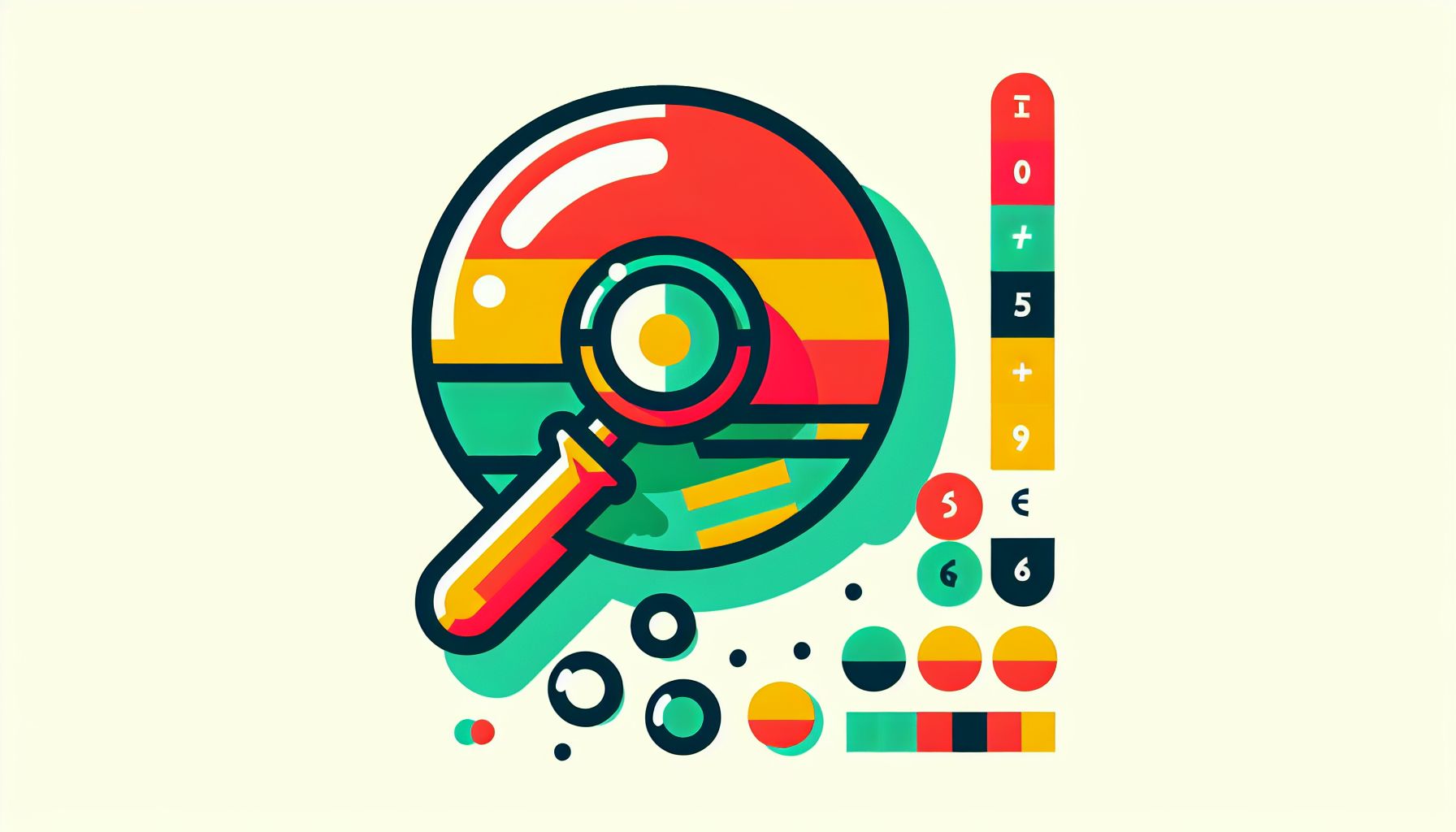 Magnifying Glass in flat illustration style and white background, red #f47574, green #88c7a8, yellow #fcc44b, and blue #645bc8 colors.