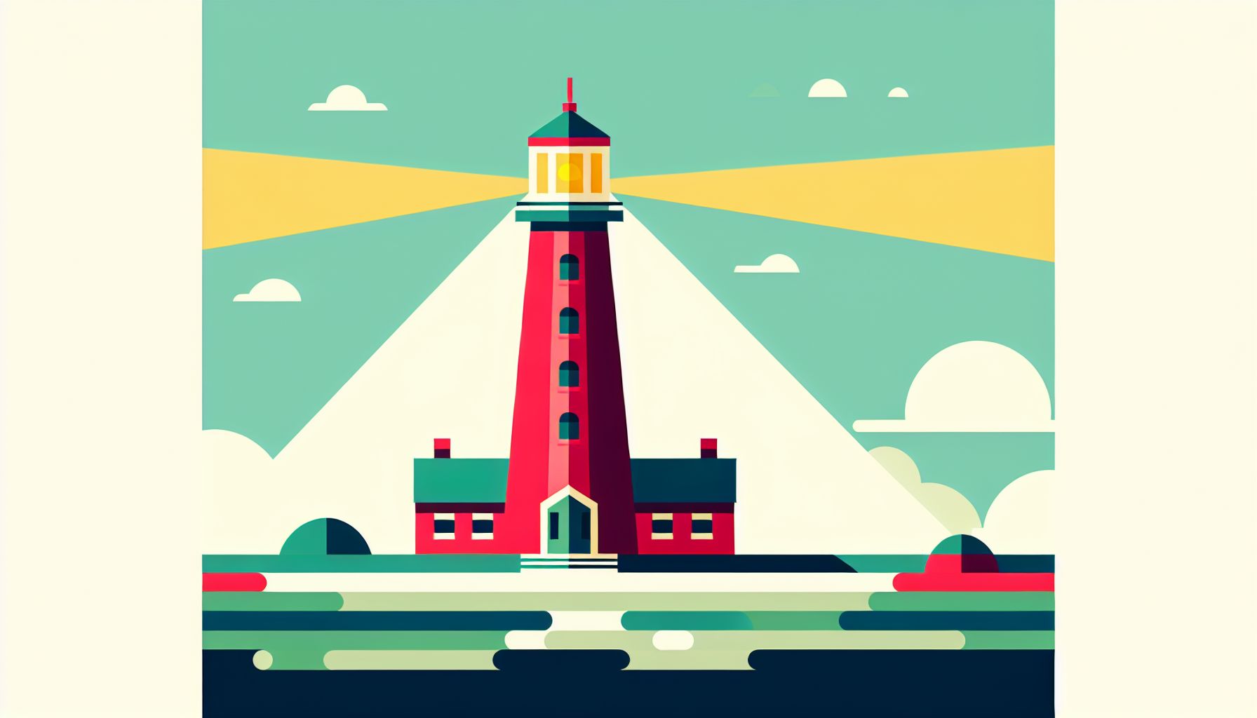 Lighthouse in flat illustration style and white background, red #f47574, green #88c7a8, yellow #fcc44b, and blue #645bc8 colors.