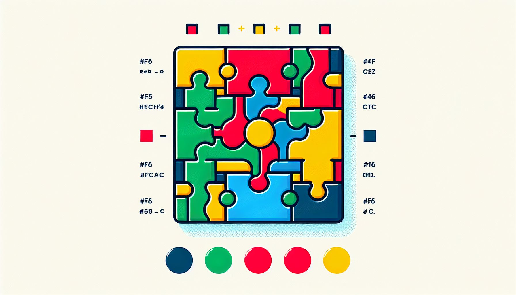 Puzzle in flat illustration style and white background, red #f47574, green #88c7a8, yellow #fcc44b, and blue #645bc8 colors.