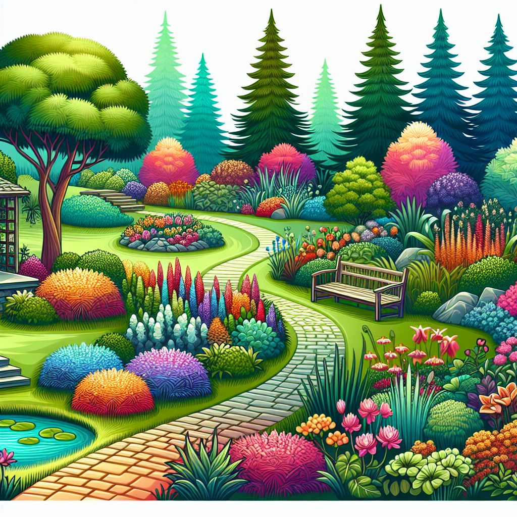 Garden landscaping in illustration style with gradients and white background
