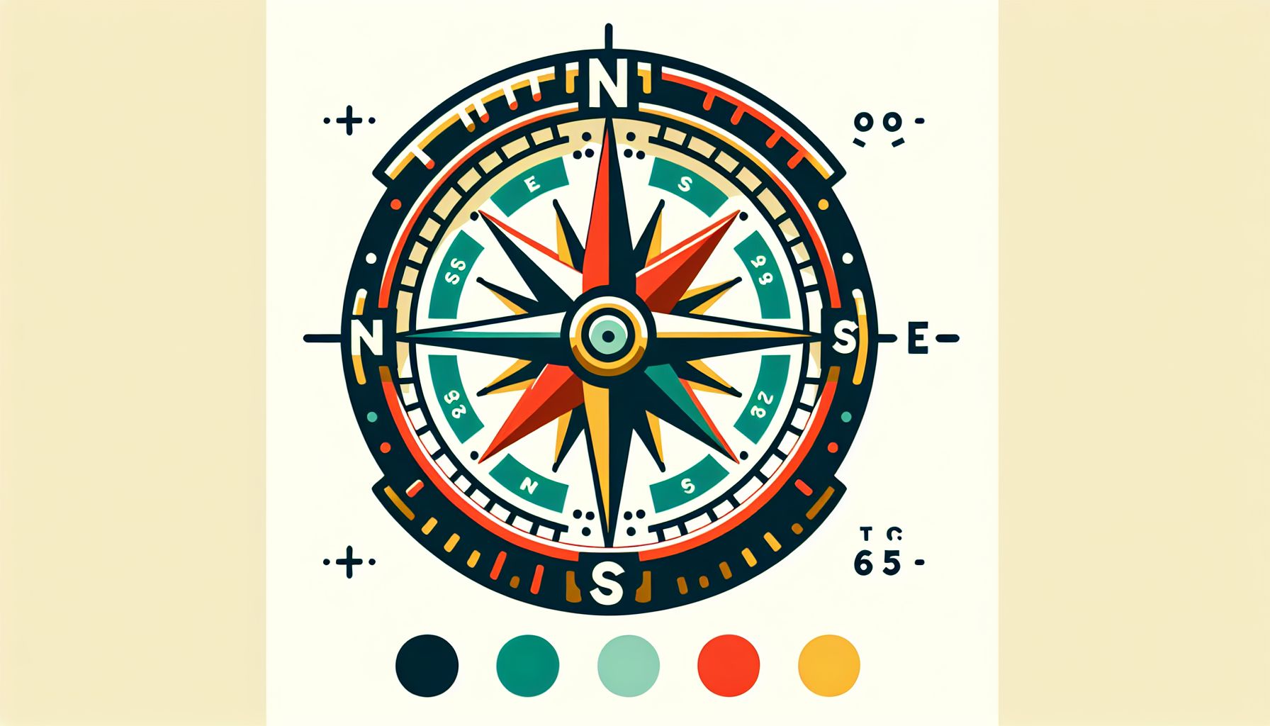 Compass in flat illustration style and white background, red #f47574, green #88c7a8, yellow #fcc44b, and blue #645bc8 colors.