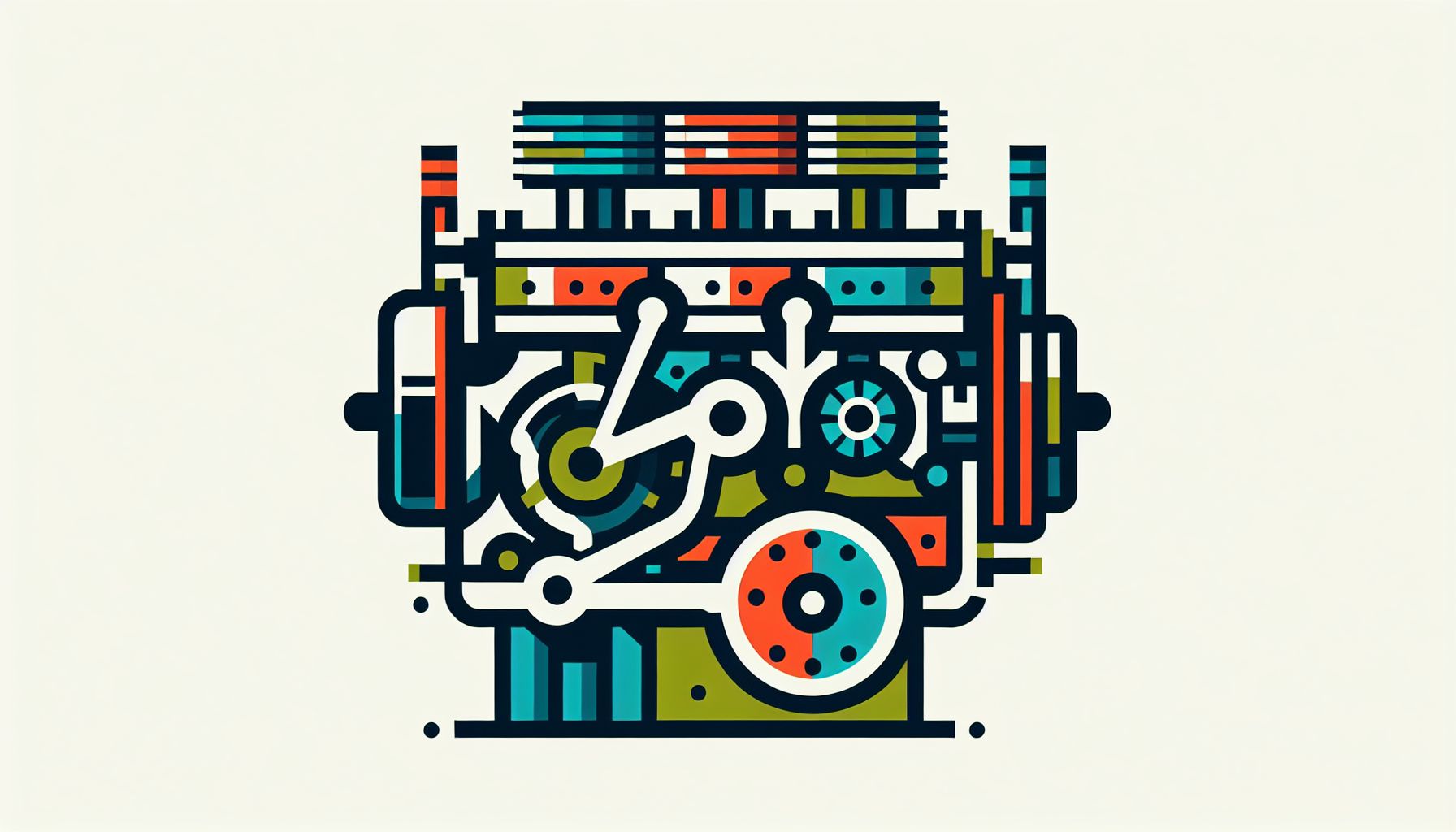 Engine in flat illustration style and white background, red #f47574, green #88c7a8, yellow #fcc44b, and blue #645bc8 colors.