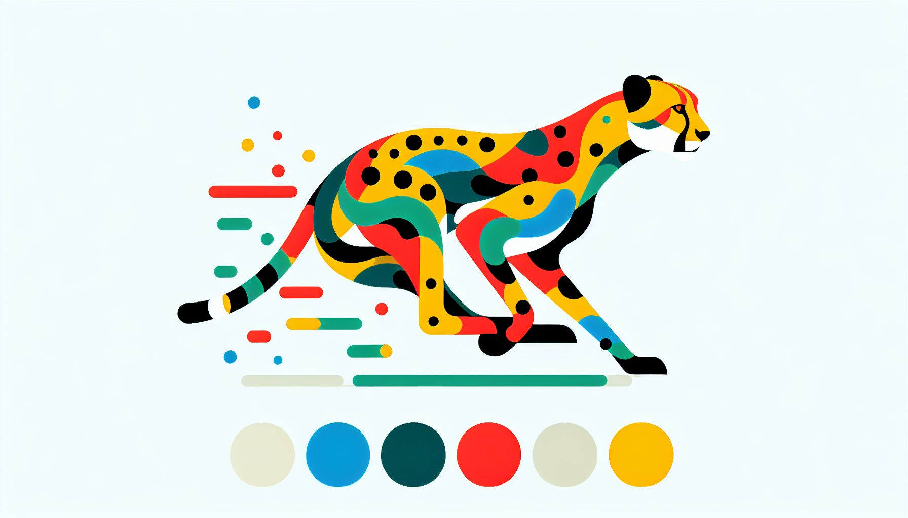 Cheetah in flat illustration style and white background, red #f47574, green #88c7a8, yellow #fcc44b, and blue #645bc8 colors.
