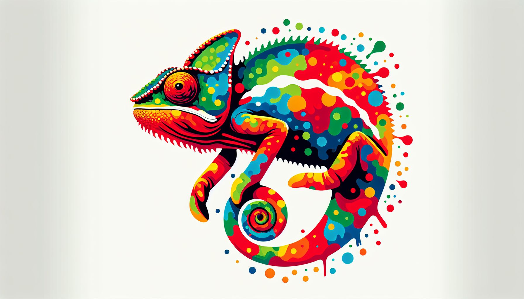 Chameleon in flat illustration style and white background, red #f47574, green #88c7a8, yellow #fcc44b, and blue #645bc8 colors.