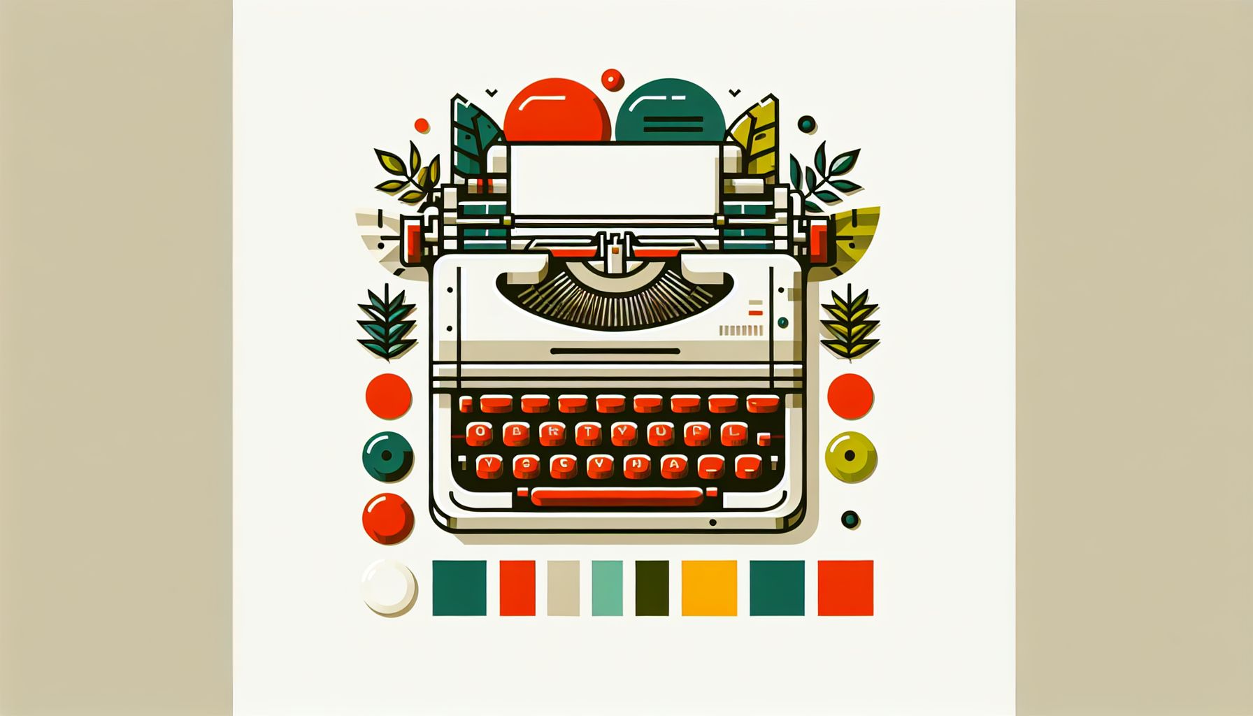Typewriter in flat illustration style and white background, red #f47574, green #88c7a8, yellow #fcc44b, and blue #645bc8 colors.
