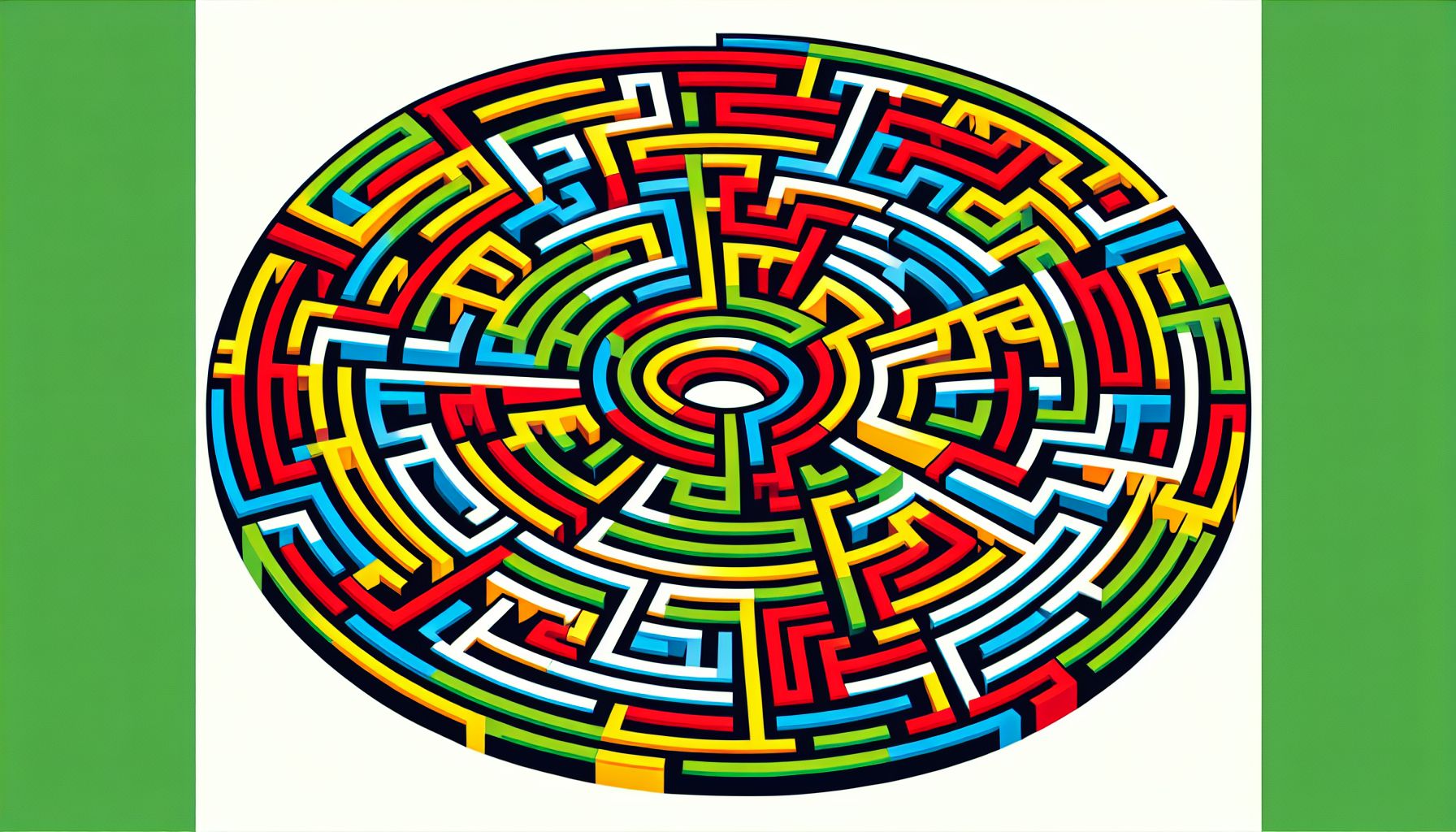 Labyrinth in flat illustration style and white background, red #f47574, green #88c7a8, yellow #fcc44b, and blue #645bc8 colors.