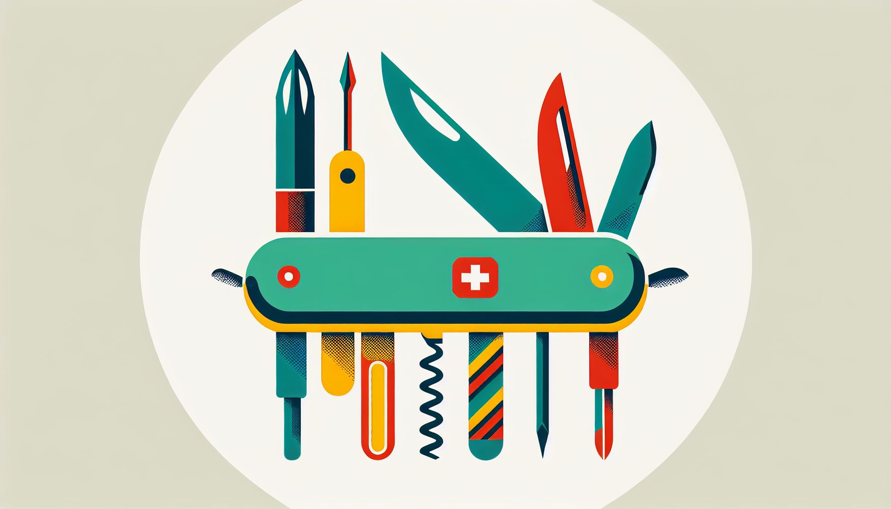 Swiss Knife in flat illustration style and white background, red #f47574, green #88c7a8, yellow #fcc44b, and blue #645bc8 colors.