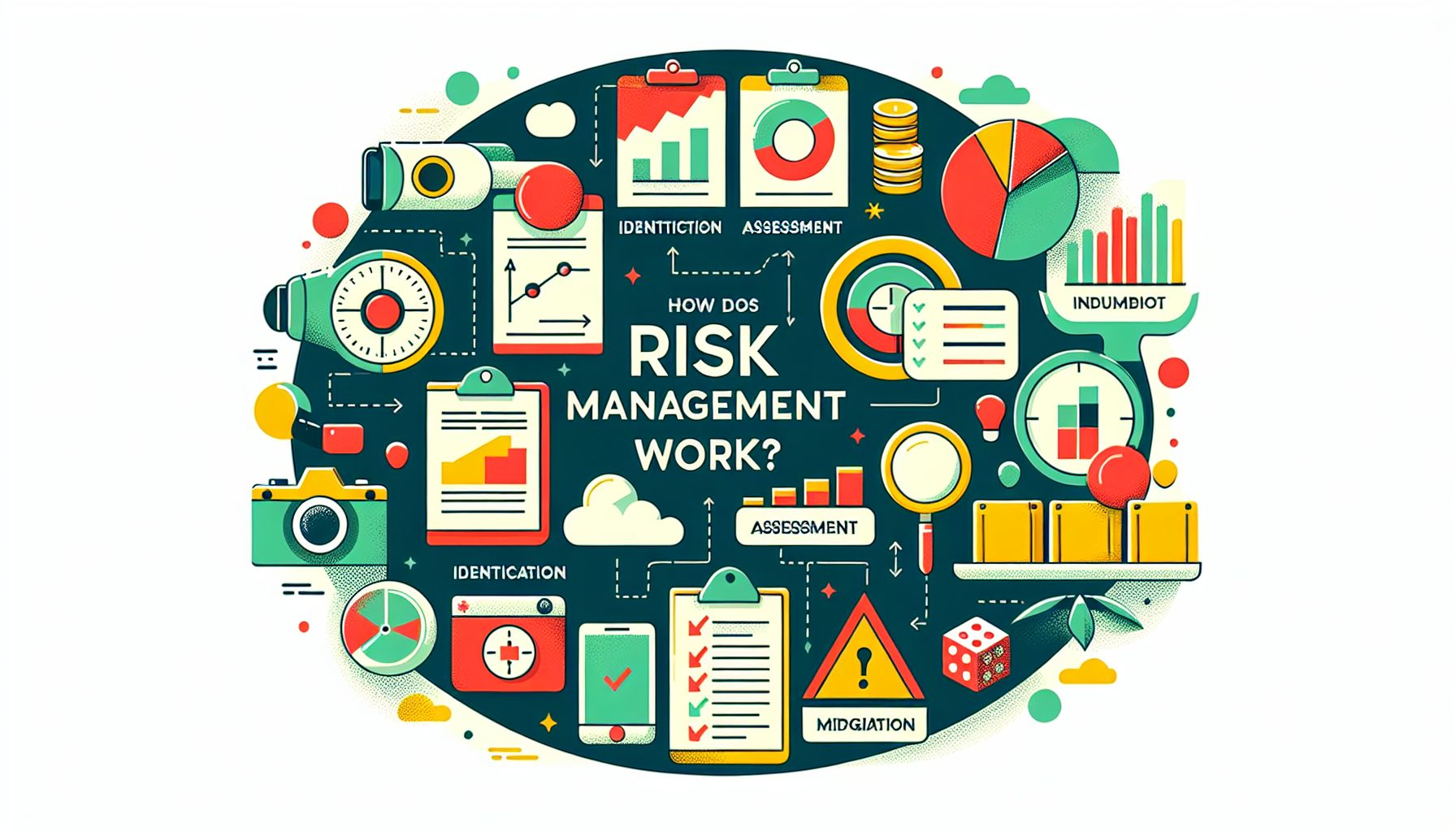 How does risk management work? in flat illustration style and white background, red #f47574, green #88c7a8, yellow #fcc44b, and blue #645bc8 colors.