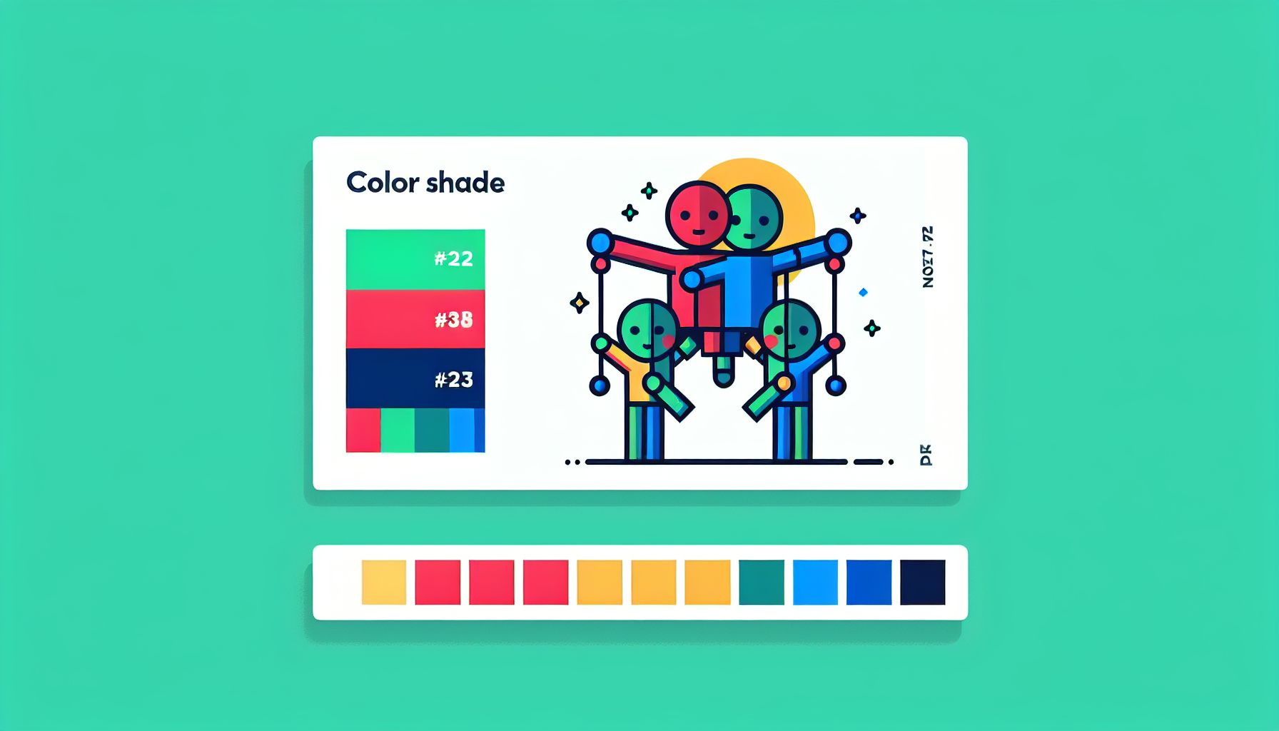 Puppet in flat illustration style and white background, red #f47574, green #88c7a8, yellow #fcc44b, and blue #645bc8 colors.