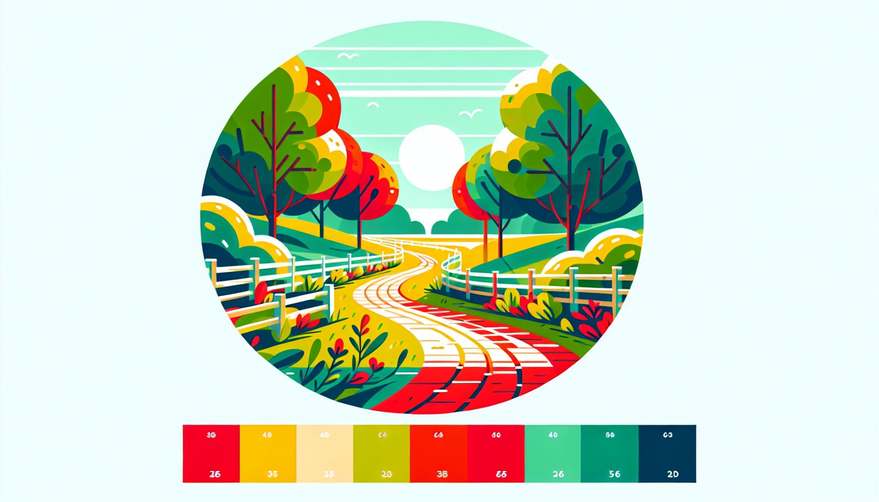 Pathway in flat illustration style and white background, red #f47574, green #88c7a8, yellow #fcc44b, and blue #645bc8 colors.