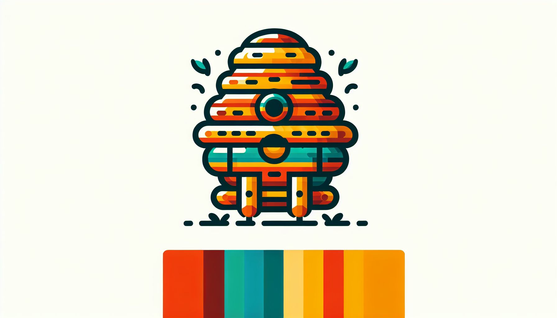 Beehive in flat illustration style and white background, red #f47574, green #88c7a8, yellow #fcc44b, and blue #645bc8 colors.
