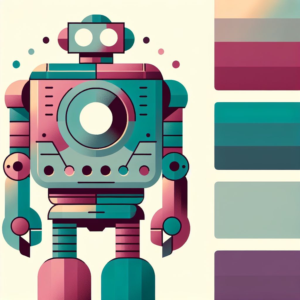 Robot in illustration style with gradients and white background, f47574, 88c7a8, fcc44b, and 645bc8 colors.