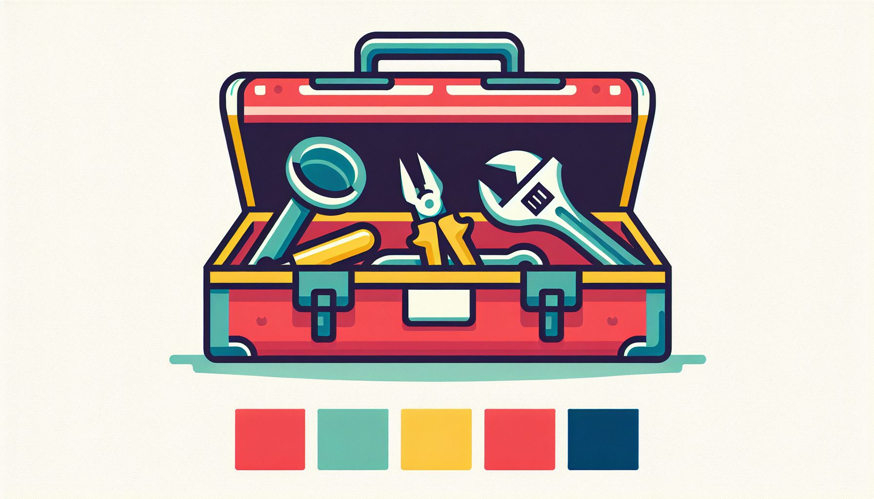 Toolbox in flat illustration style and white background, red #f47574, green #88c7a8, yellow #fcc44b, and blue #645bc8 colors.