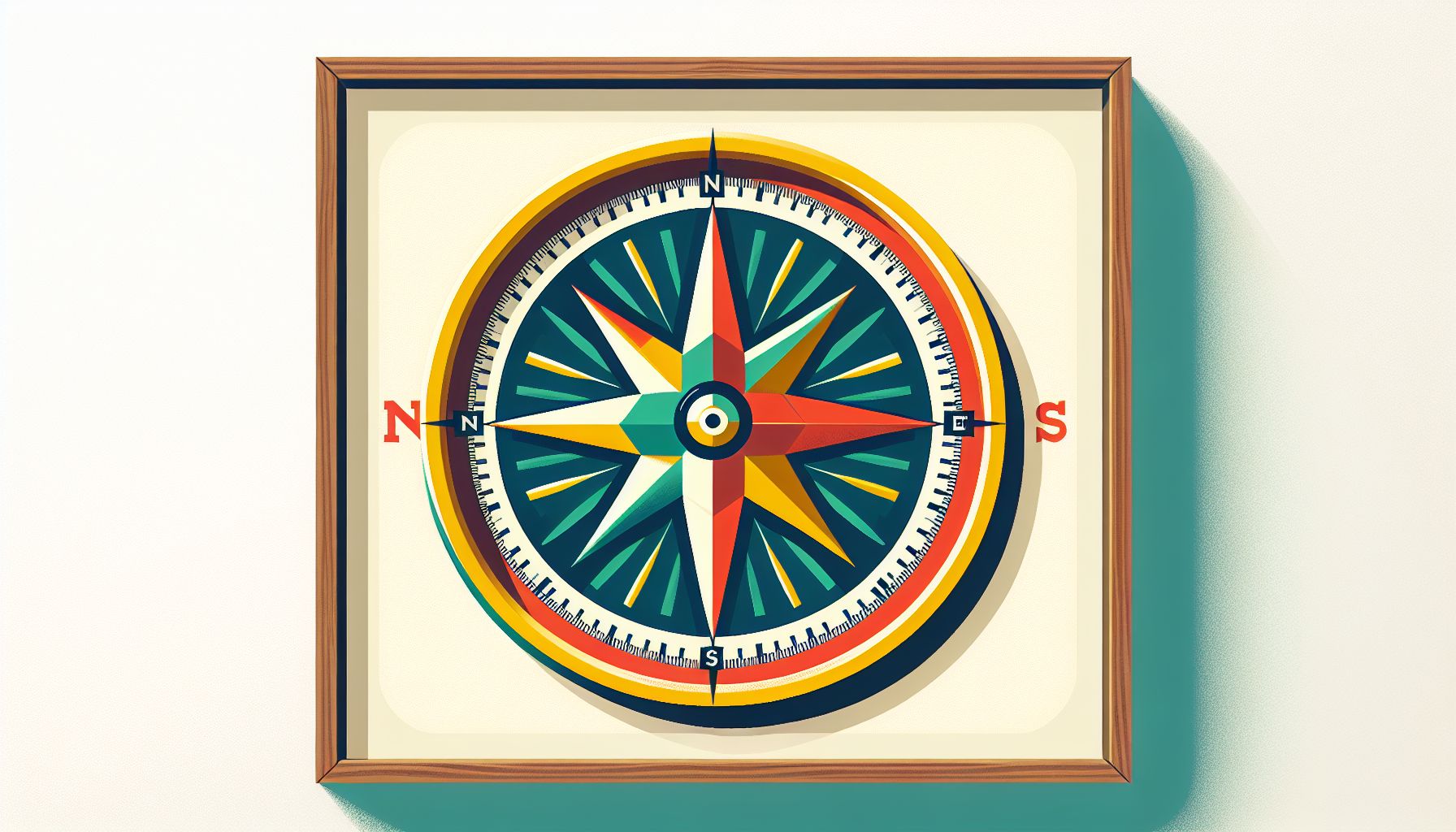 Compass in flat illustration style and white background, red #f47574, green #88c7a8, yellow #fcc44b, and blue #645bc8 colors.