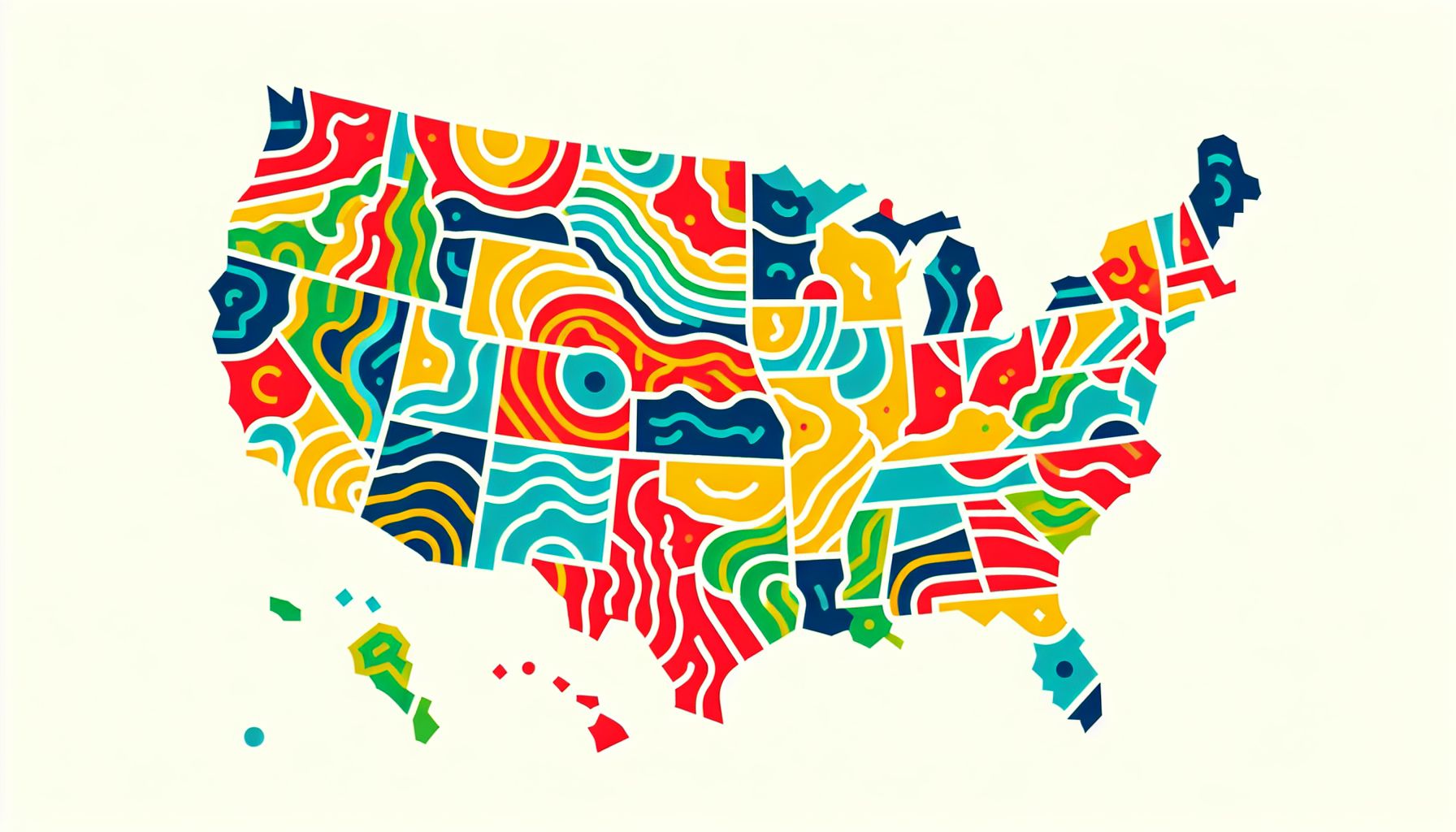 Map in flat illustration style and white background, red #f47574, green #88c7a8, yellow #fcc44b, and blue #645bc8 colors.