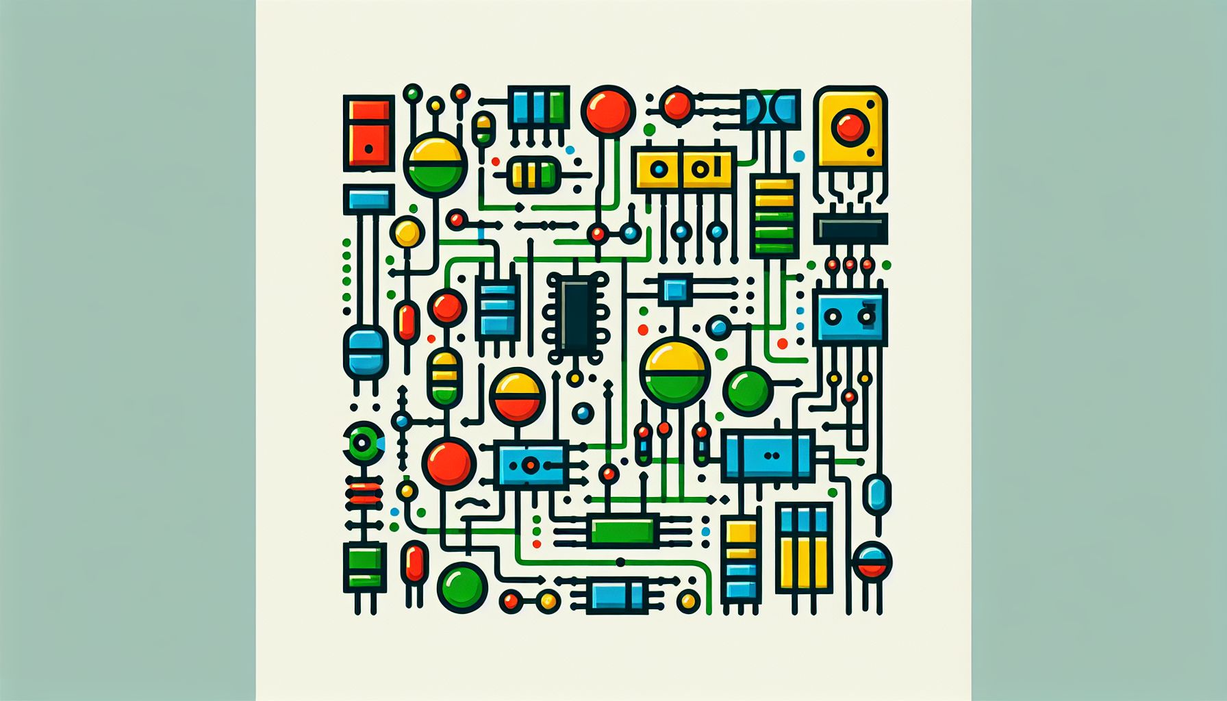 Circuit in flat illustration style and white background, red #f47574, green #88c7a8, yellow #fcc44b, and blue #645bc8 colors.
