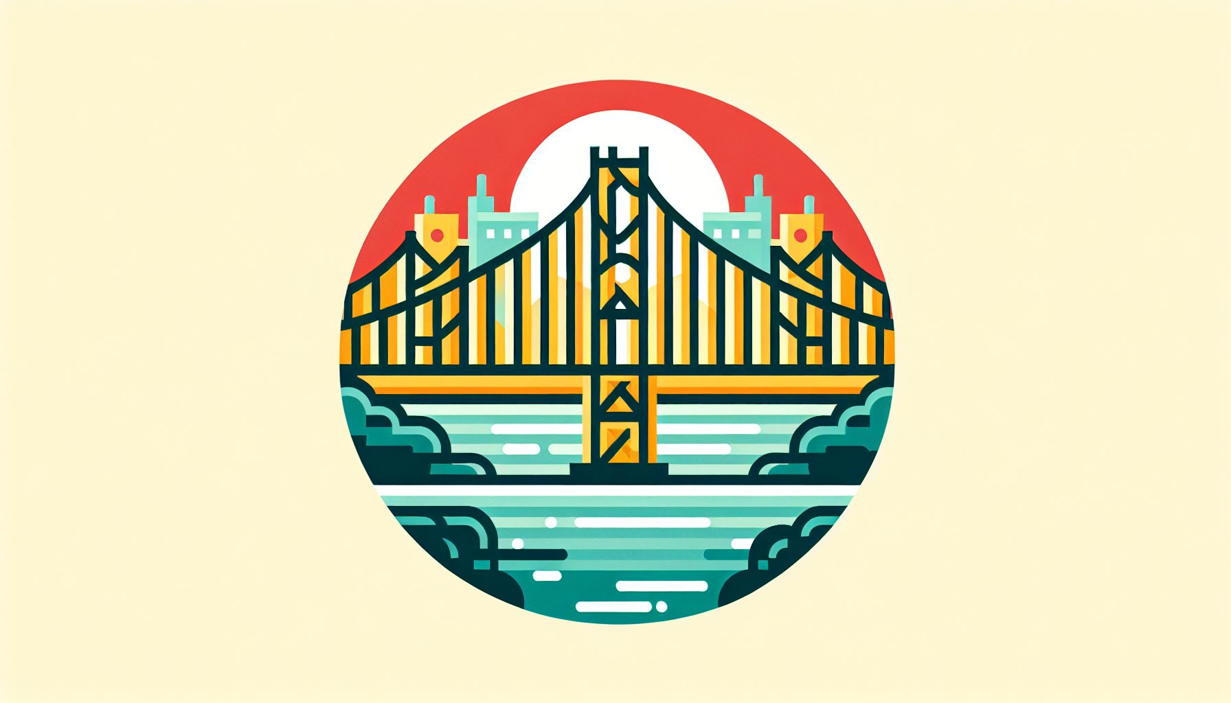 Bridge in flat illustration style and white background, red #f47574, green #88c7a8, yellow #fcc44b, and blue #645bc8 colors.