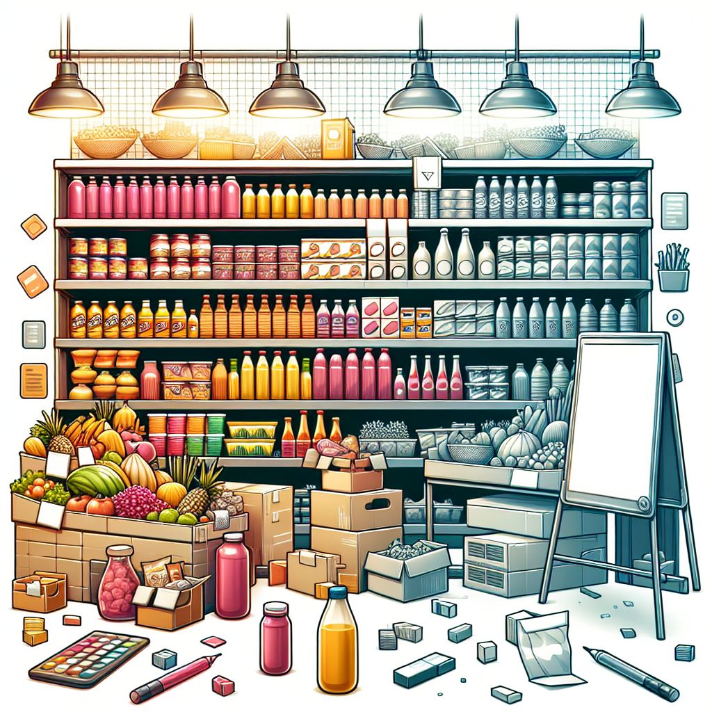 Supermarket shelves in illustration style with gradients and white background