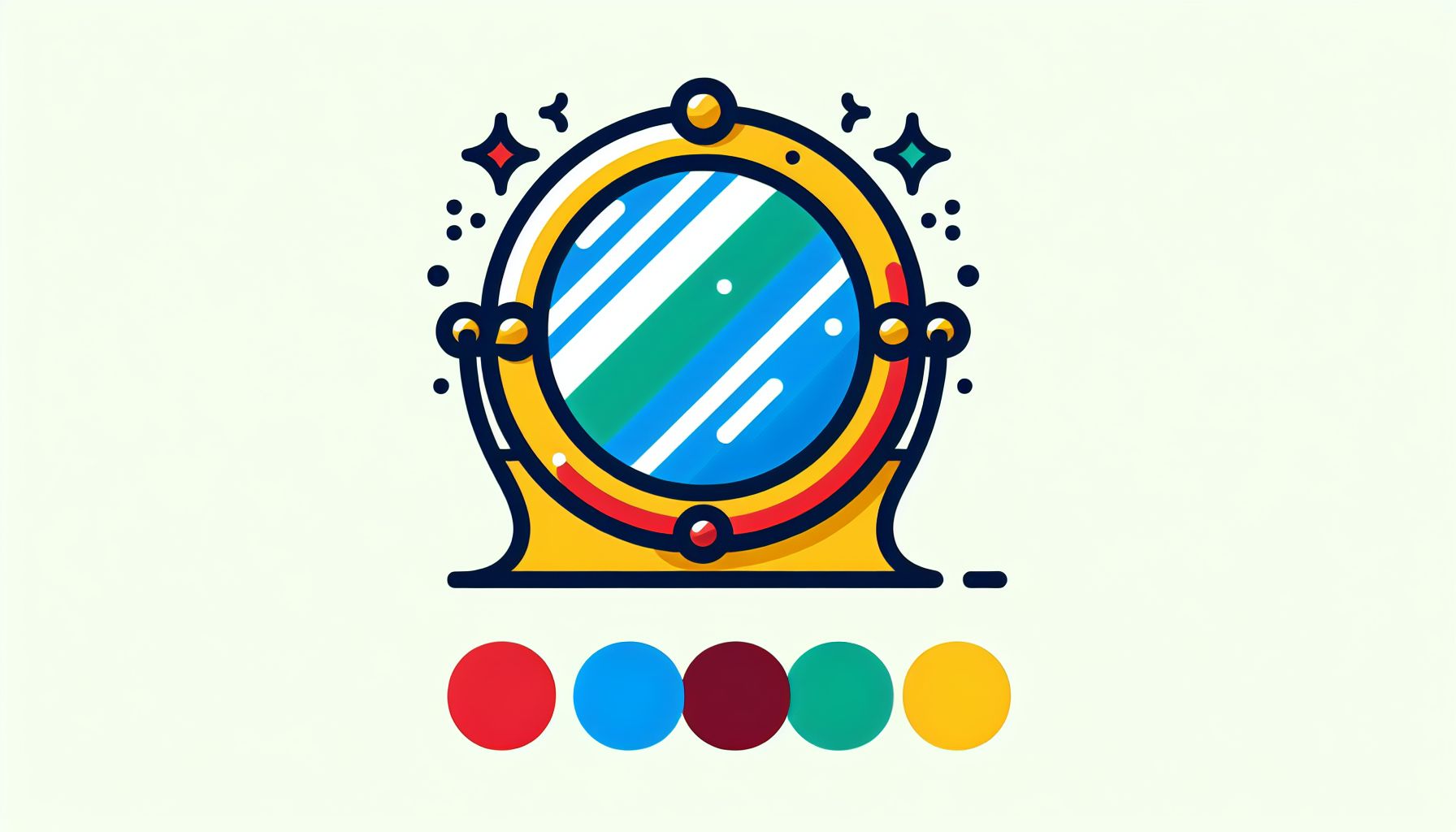 Mirror in flat illustration style and white background, red #f47574, green #88c7a8, yellow #fcc44b, and blue #645bc8 colors.