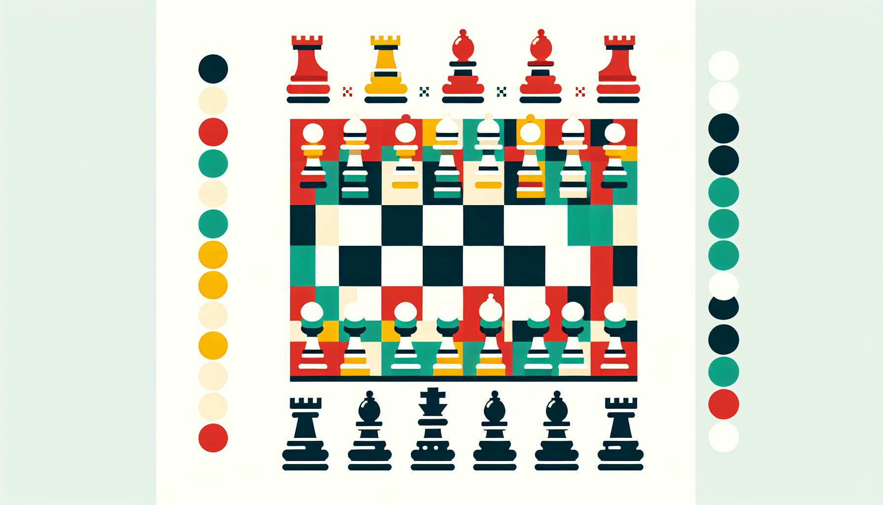 Chessboard in flat illustration style and white background, red #f47574, green #88c7a8, yellow #fcc44b, and blue #645bc8 colors.