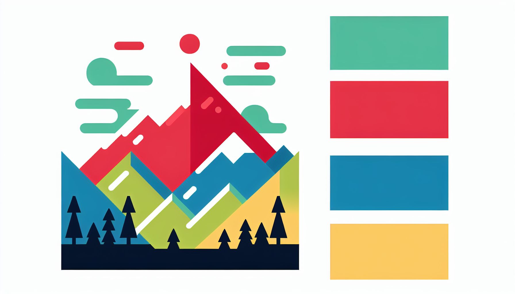 Summit in flat illustration style and white background, red #f47574, green #88c7a8, yellow #fcc44b, and blue #645bc8 colors.