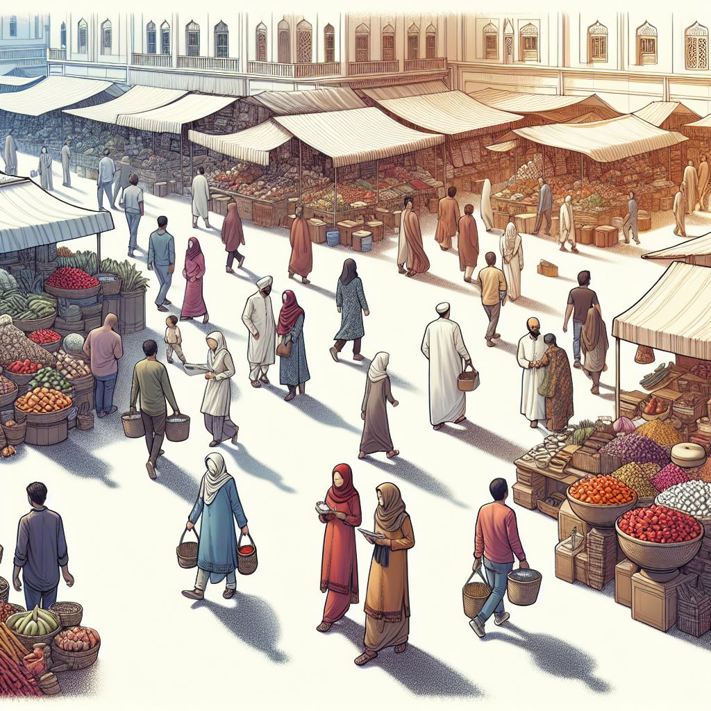 Market in illustration style with gradients and white background