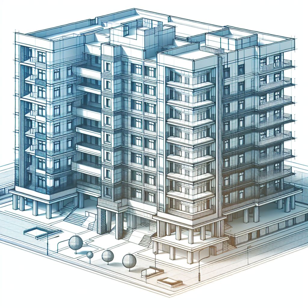 Building blueprint in illustration style with gradients and white background