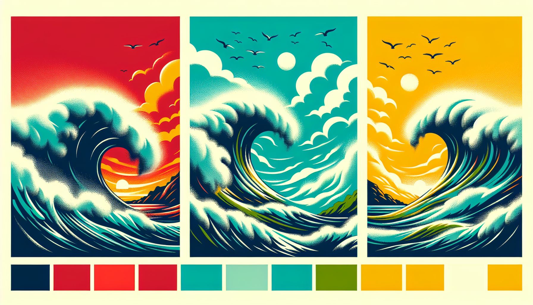Tsunami in flat illustration style and white background, red #f47574, green #88c7a8, yellow #fcc44b, and blue #645bc8 colors.