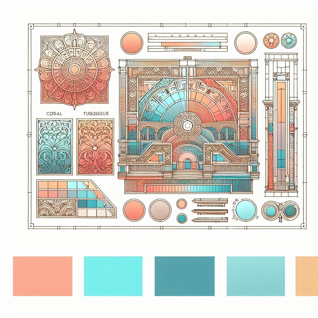 blueprint in illustration style with gradients and white background, f47574, 88c7a8, fcc44b, and 645bc8 colors.