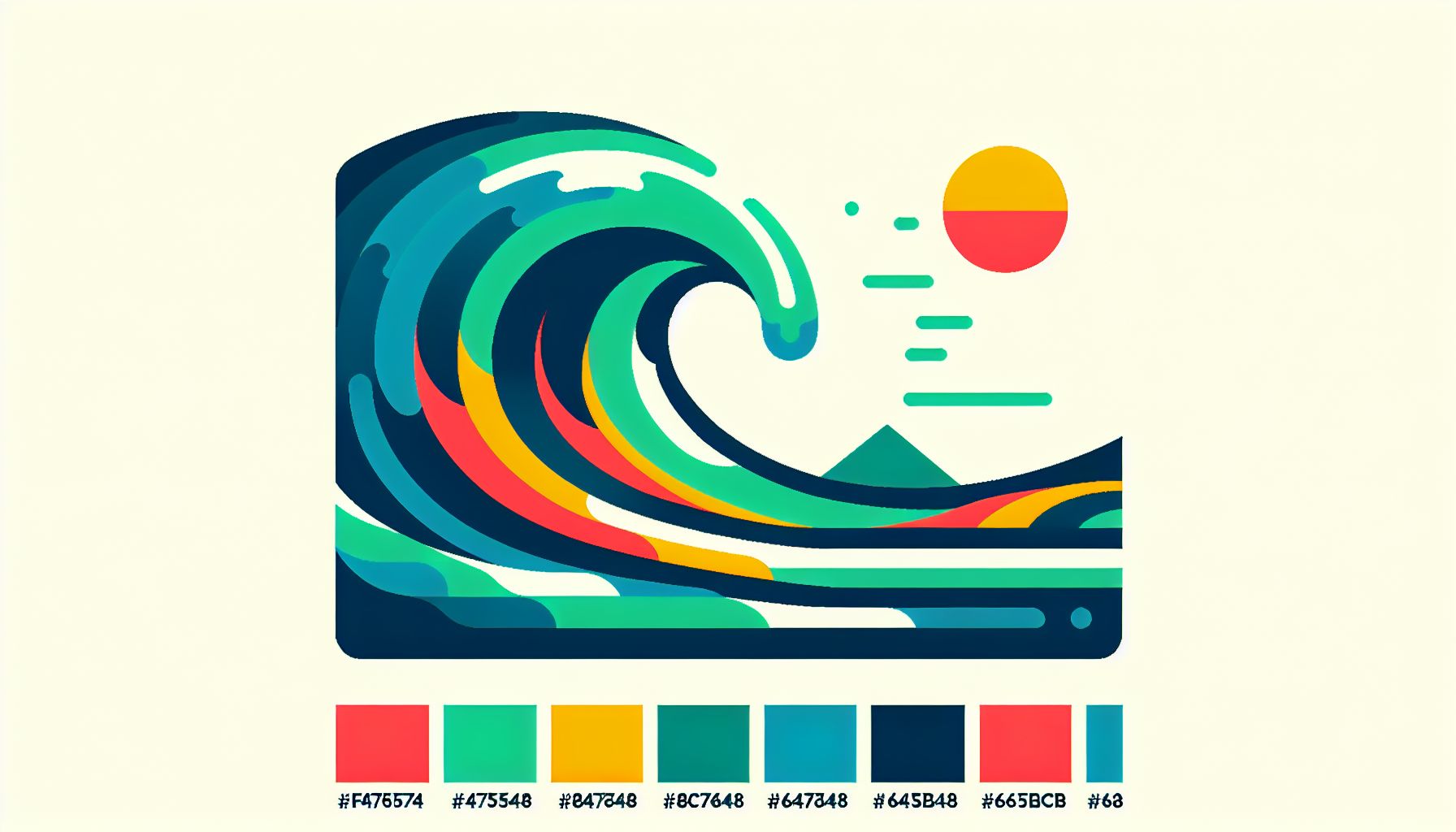 Tsunami in flat illustration style and white background, red #f47574, green #88c7a8, yellow #fcc44b, and blue #645bc8 colors.