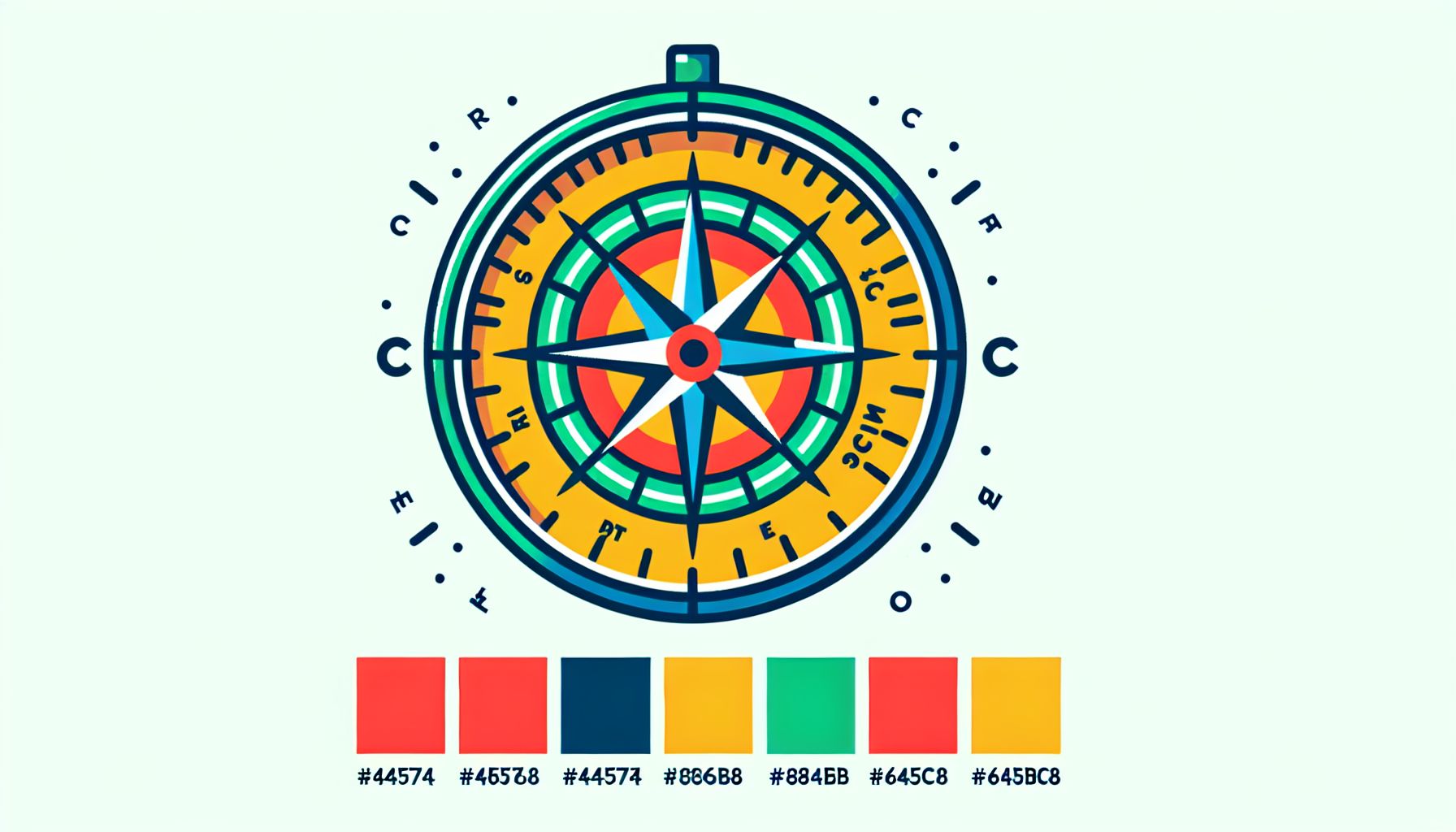 Compass in flat illustration style and white background, red #f47574, green #88c7a8, yellow #fcc44b, and blue #645bc8 colors.