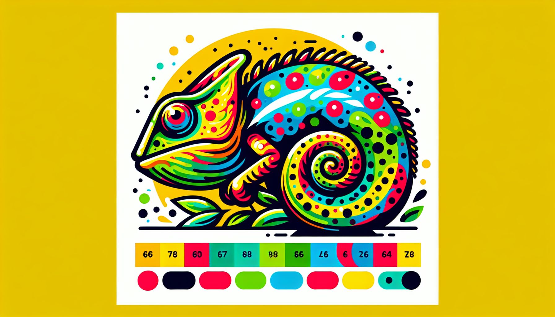 Chameleon in flat illustration style and white background, red #f47574, green #88c7a8, yellow #fcc44b, and blue #645bc8 colors.