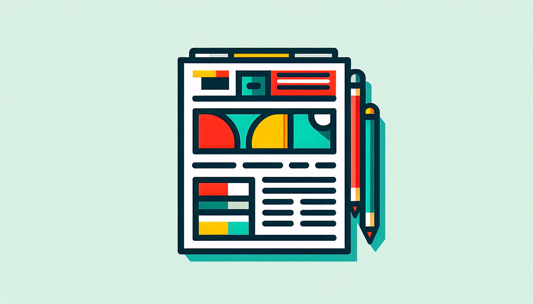 Newspaper in flat illustration style and white background, red #f47574, green #88c7a8, yellow #fcc44b, and blue #645bc8 colors.